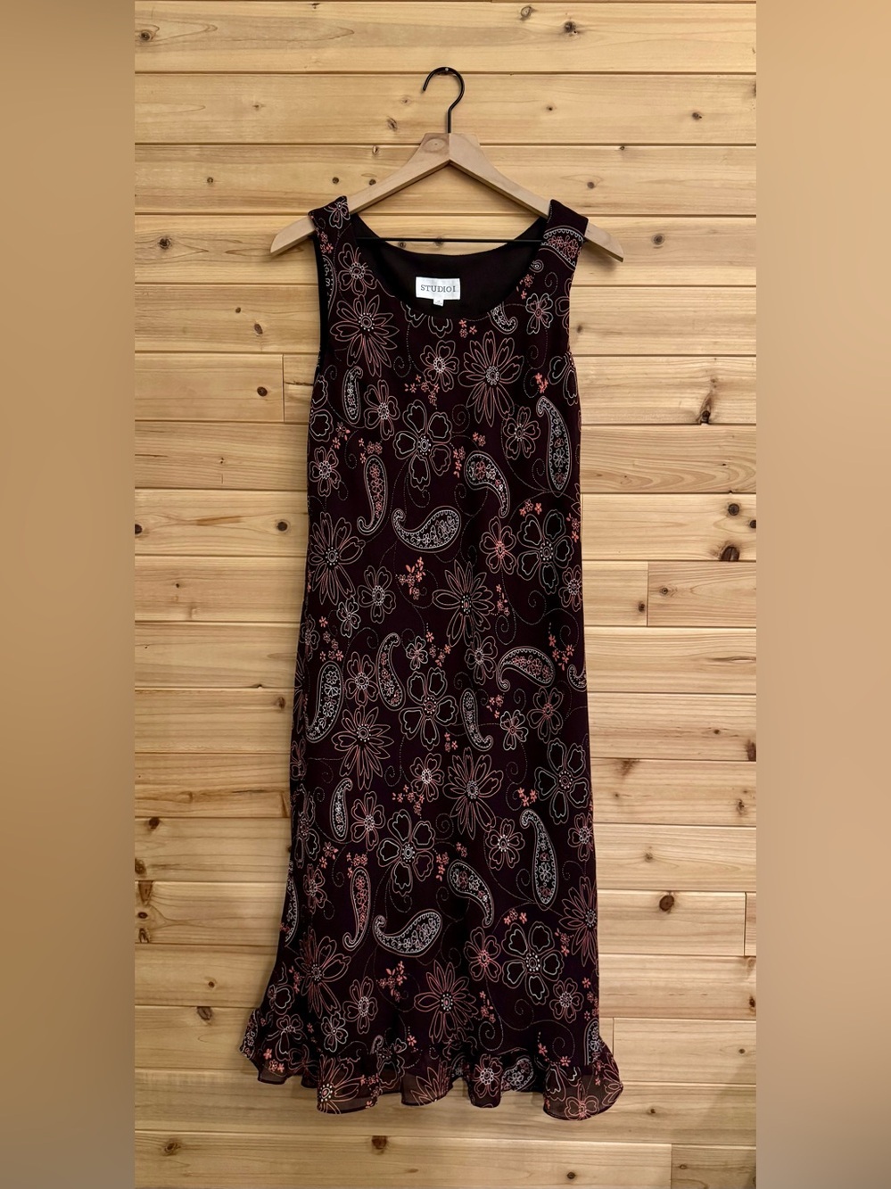 Y2K Vintage Large Brown Pink Paisley Floral Tank Midi Dress Lettuce Hem Flowy